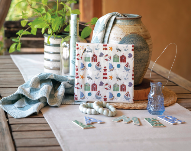 Close-up of the Nautical Items print with detailed maritime symbols like lighthouses, seashells, and anchors on a white background.