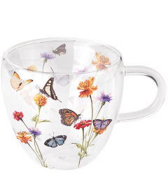 Double-walled glass 0.2 L Butterfly garden white