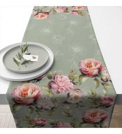 Table runner 40x150 cm Peonies composition green