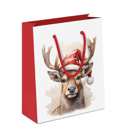 Gift bag Deer with Santa hat white