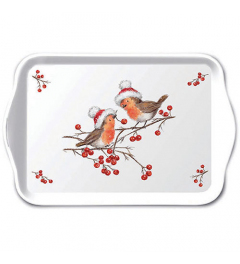 Tray melamine 13x21 cm Christmas robins white