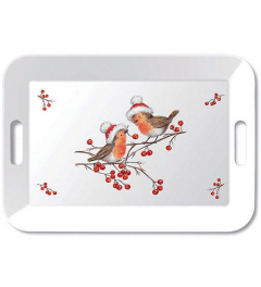 Tray melamine 33x47 cm Christmas robins white