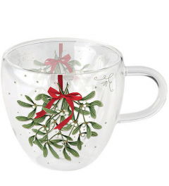 Double-walled glass 0.2 L Mistletoe with bow white