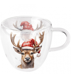 Double-walled glass 0.2 L Deer with Santa hat white