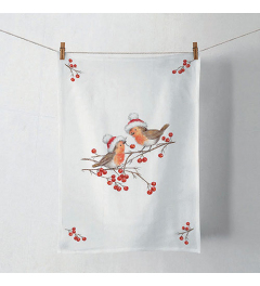 Kitchen towel Christmas robins white