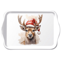 Tray melamine 13x21 cm Deer with Santa hat white