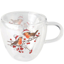 Double-walled glass 0.2 L Christmas robins white