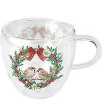 Double-walled glass 0.2 L Sparrows in wreath