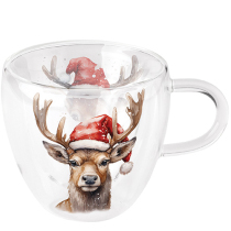 Double-walled glass 0.2 L Deer with Santa hat white