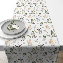 Table runner 40x150 cm Forest gnomes white