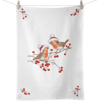 Kitchen towel Christmas robins white