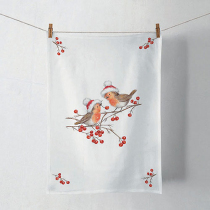Kitchen towel Christmas robins white