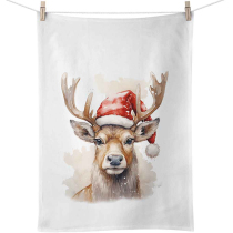 Kitchen towel Deer with Santa hat white