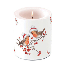 Candle medium Christmas robins white