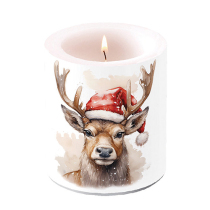 Candle medium Deer with Santa hat white