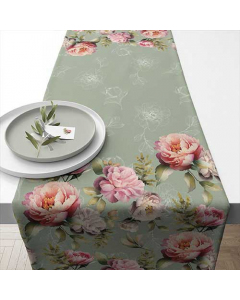 Table runner 40x150 cm Peonies composition green