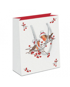 Gift bag Christmas robins white