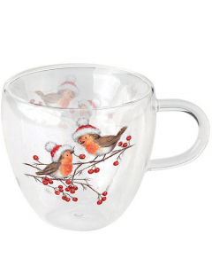 Double-walled glass 0.2 L Christmas robins white
