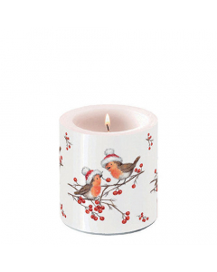 Candle small Christmas robins white