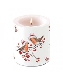 Candle medium Christmas robins white