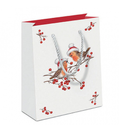 Gift bag Christmas robins white