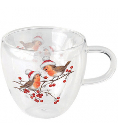 Double-walled glass 0.2 L Christmas robins white