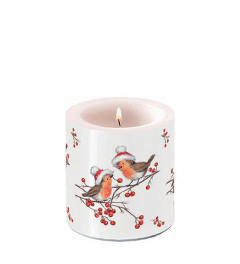 Candle small Christmas robins white
