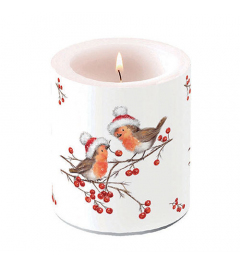 Candle medium Christmas robins white