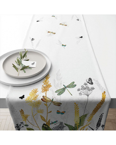 Table runner 40x150 cm Ornamental flowers white