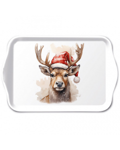 Tray melamine 13x21 cm Deer with Santa hat white