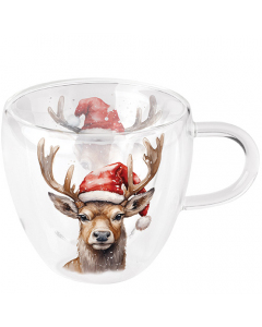Double-walled glass 0.2 L Deer with Santa hat white