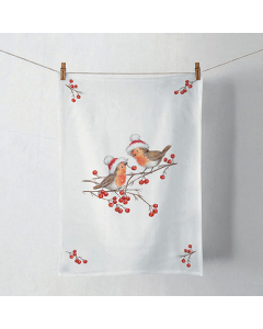 Kitchen towel Christmas robins white