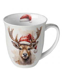 Mug 0.4 L Deer with Santa hat white