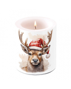 Candle medium Deer with Santa hat white
