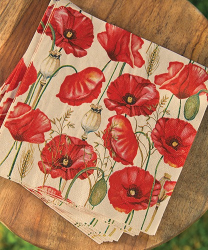 Paper napkins featuring a detailed red 'Poppy all over' poppy pattern.